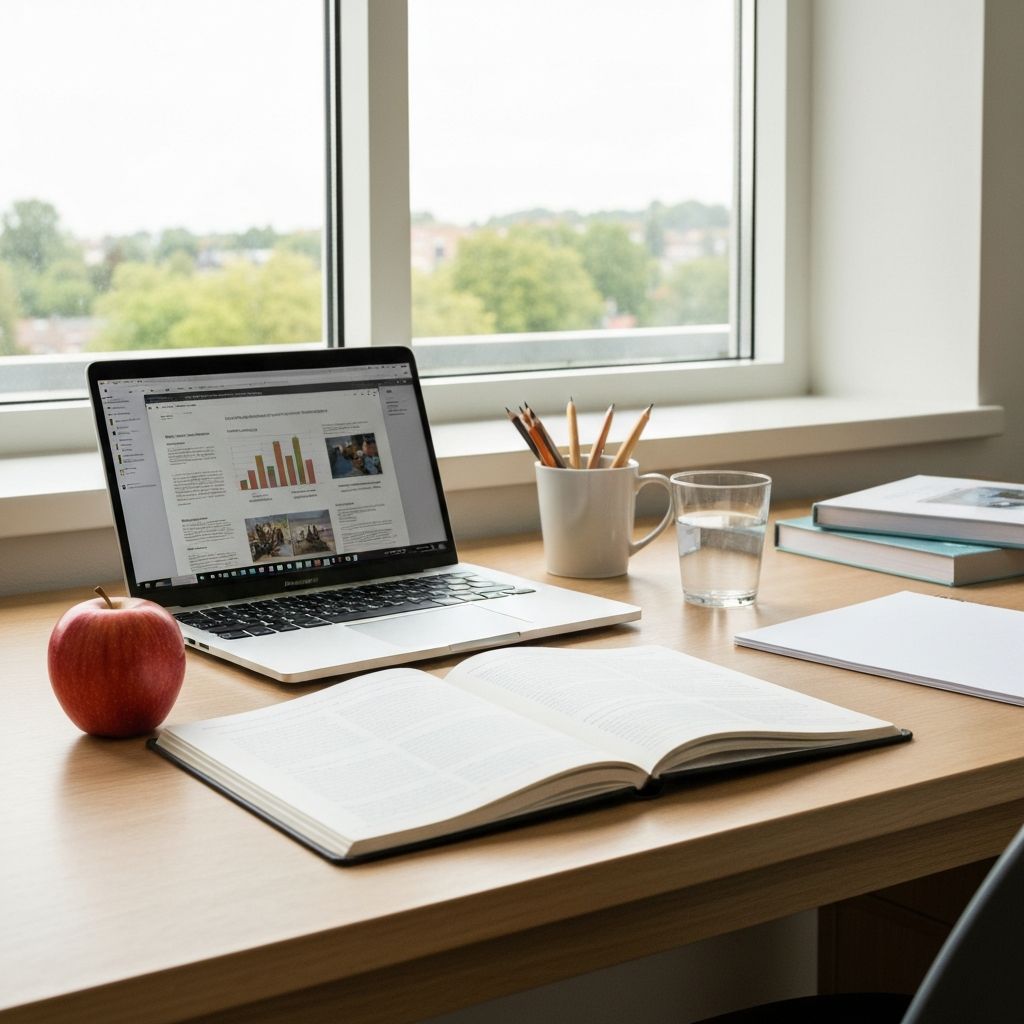 Study desk with notebook and healthy food